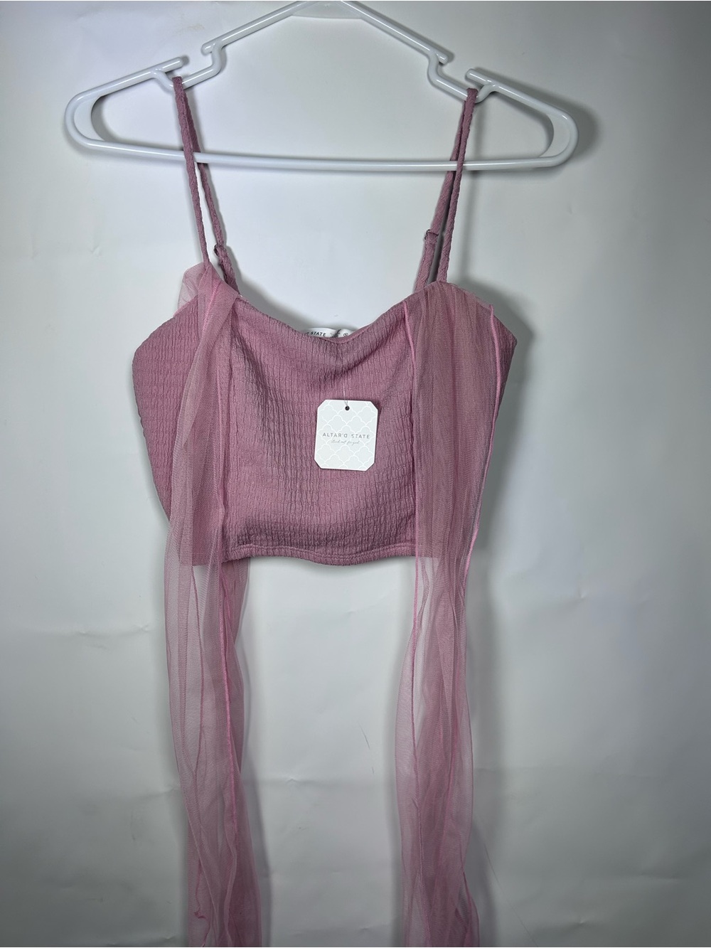 Altar’d State Size S Mauve Pink Tulle Bow Strap Smocked Crop Top Coquette